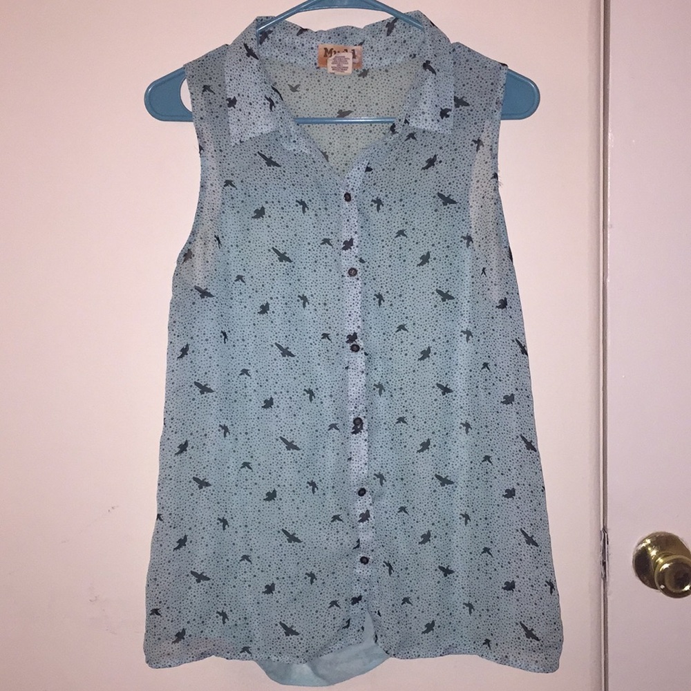 Blue sheer button up bird blouse